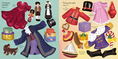 Illustrations of Christmas-themed paper dolls and accessories on a colorful background