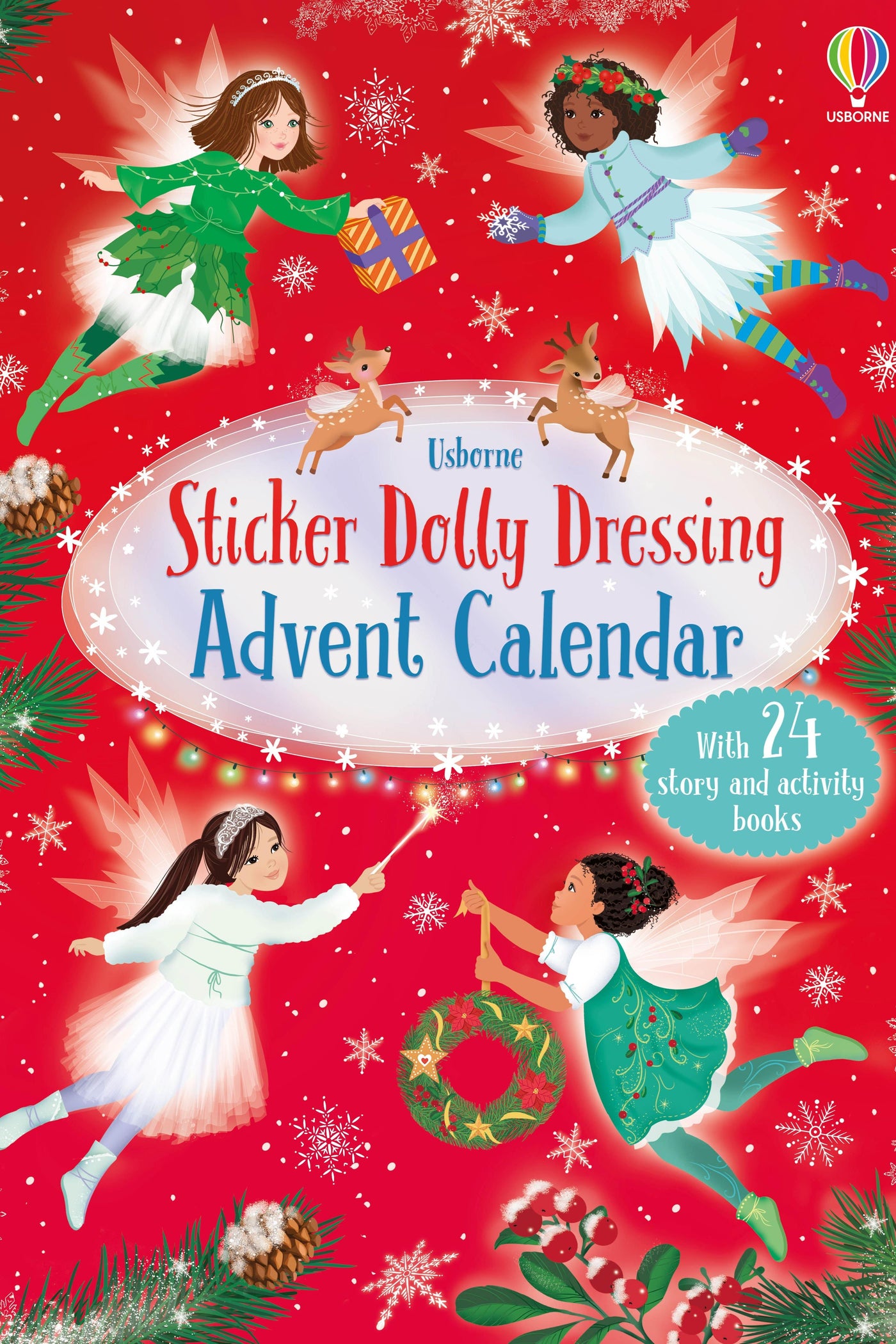 Advent calendar cover with fairies and reindeer on a red background