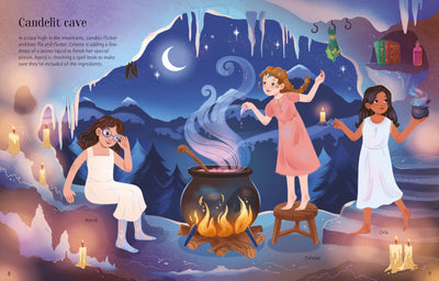 Illustration of three women in a candlelit cave with mountains in the background.