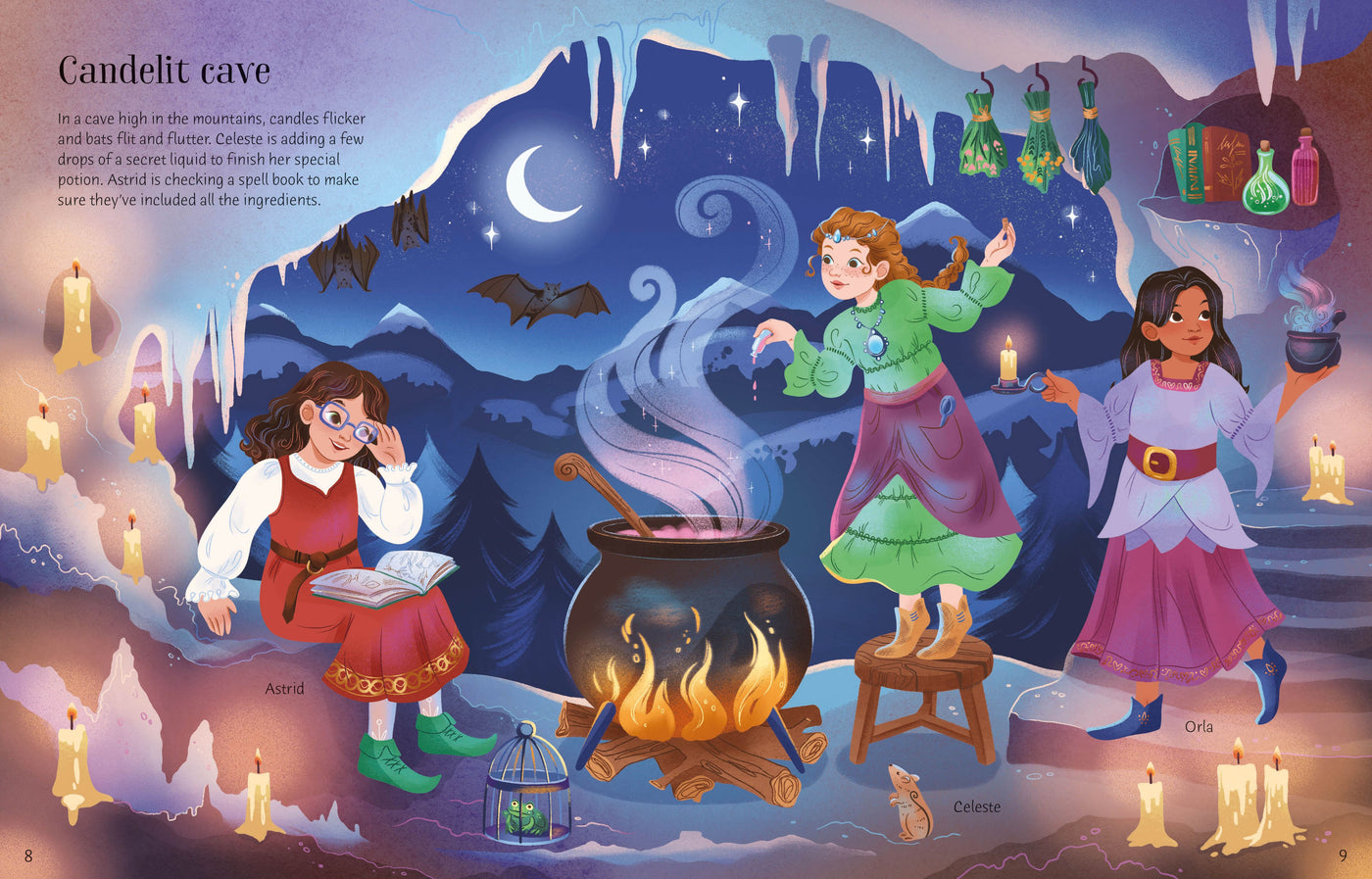Illustration of three characters in a candlelit cave with a mountain and starry sky in the background.
