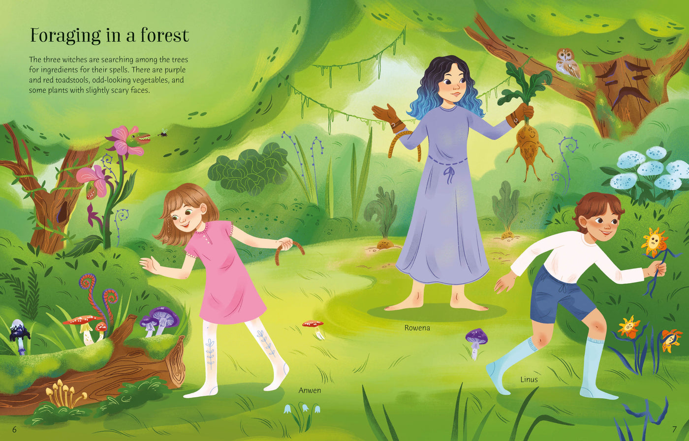 Illustration of three children foraging in a forest with a woman guiding them.