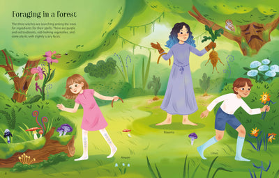 Illustration of three children foraging in a forest with a woman guiding them.