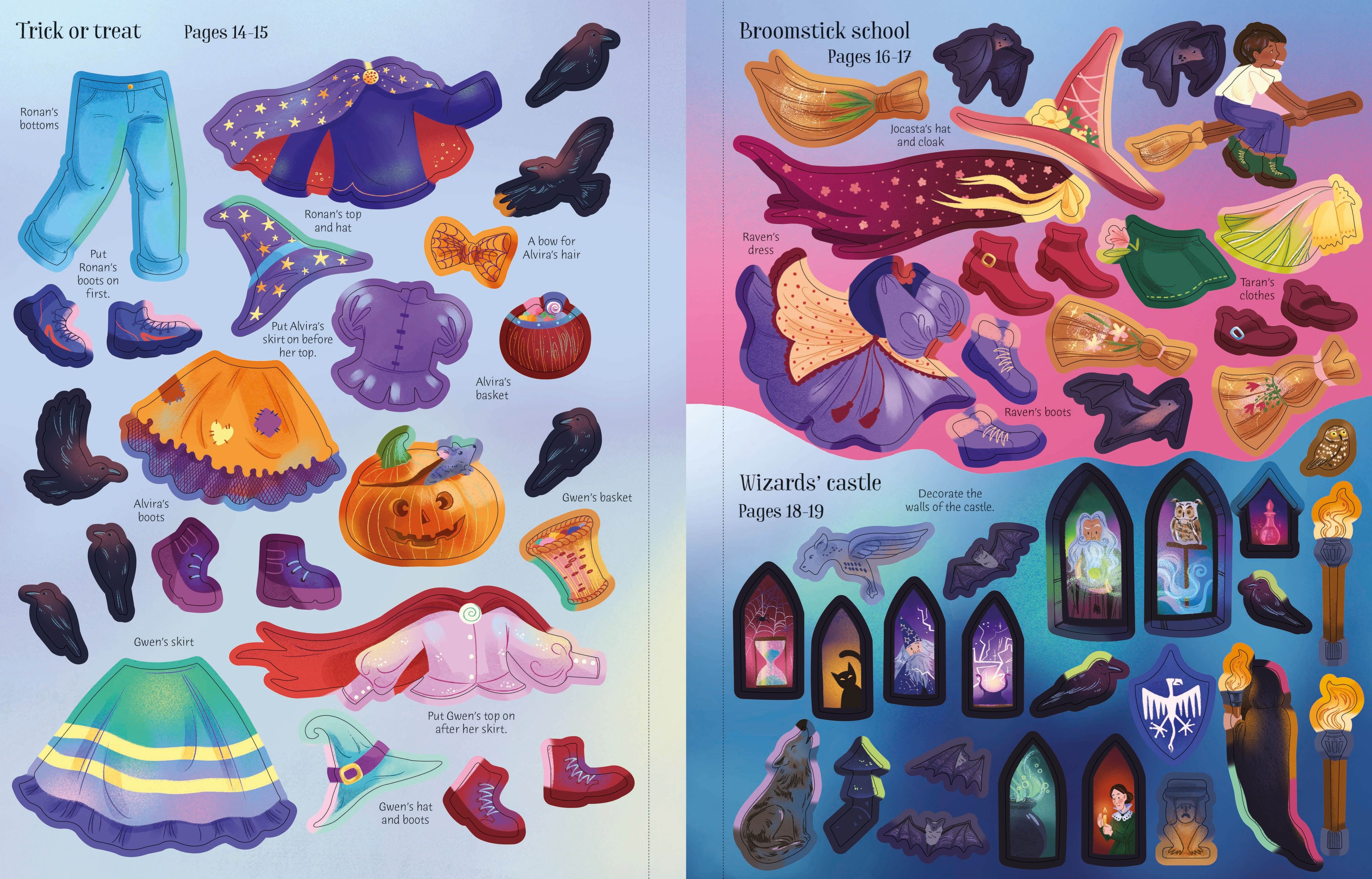 Illustrations of Halloween-themed items including costumes and props on a colorful background.