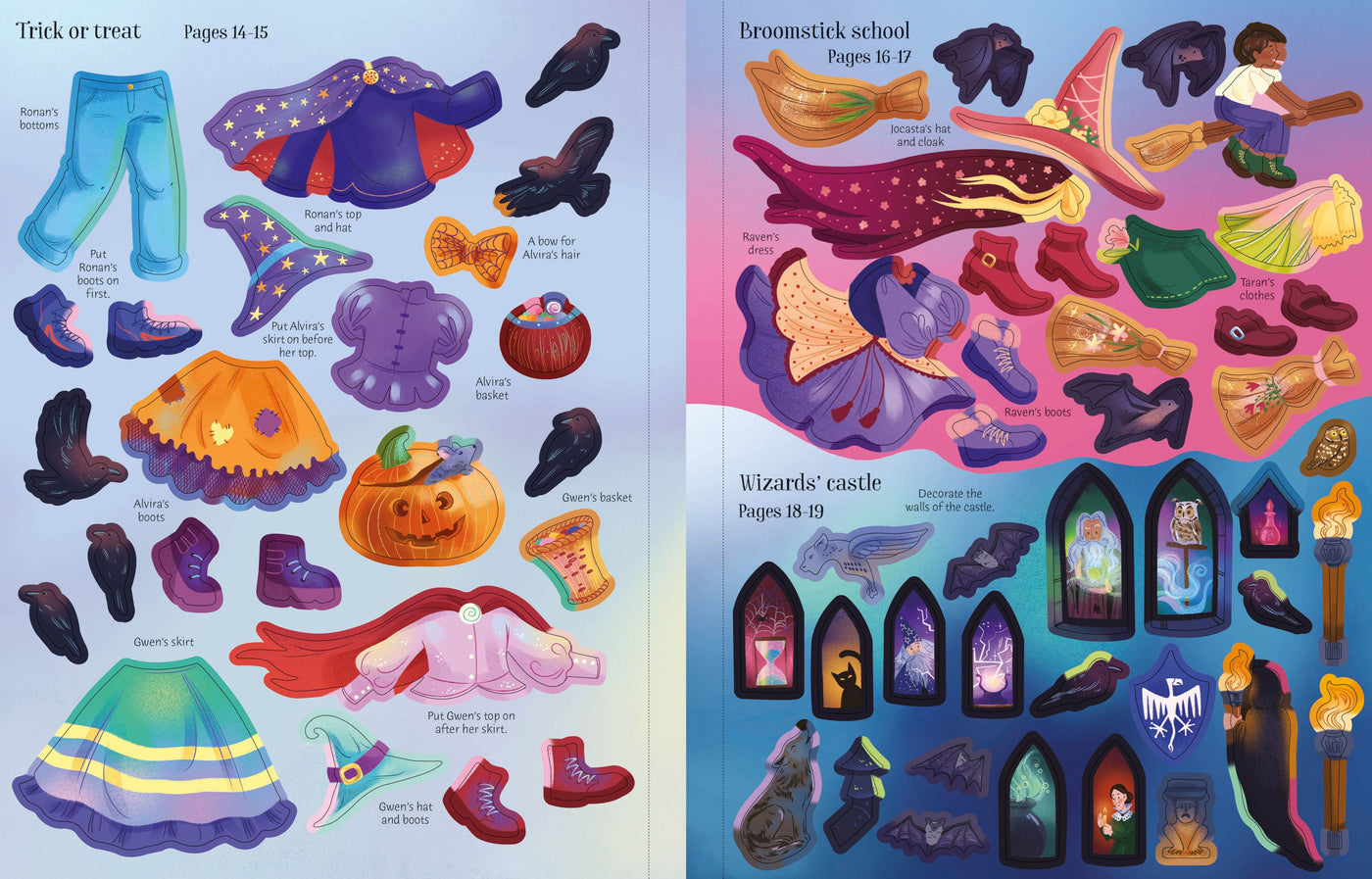 Illustrations of Halloween-themed items including costumes and props on a colorful background.