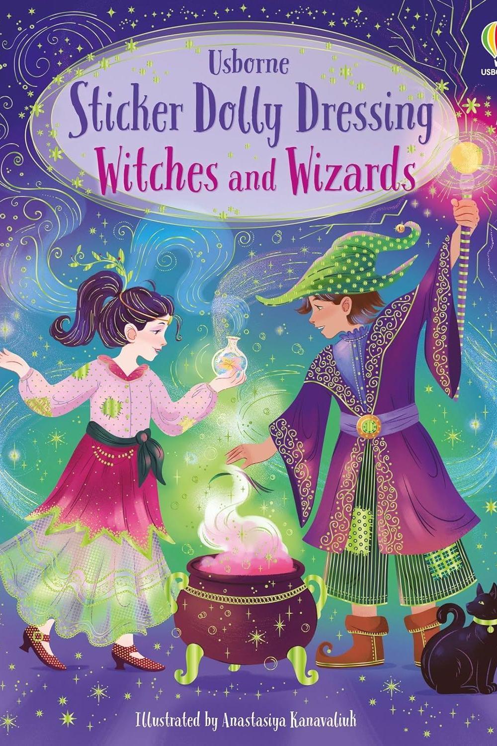 Book cover of 'Sticker Dolly Dressing Witches and Wizards' with two children in wizard and witch costumes.