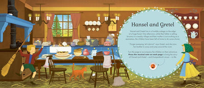 Illustration of a scene from 'Hansel and Gretel' with characters and a table setting.