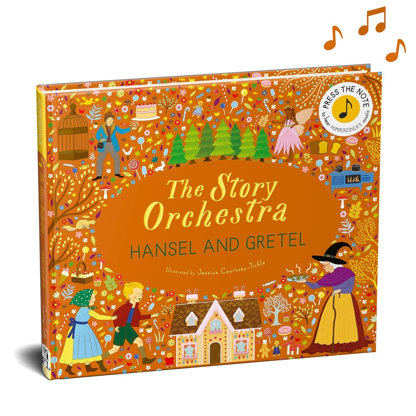 Book titled 'The Story Orchestra Hansel and Gretel' with colorful illustrations and musical notes on a white background.