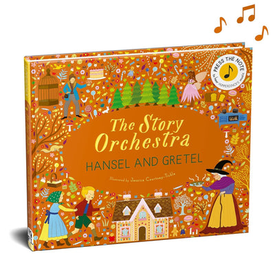 Book titled 'The Story Orchestra Hansel and Gretel' with colorful illustrations and musical notes on a white background.