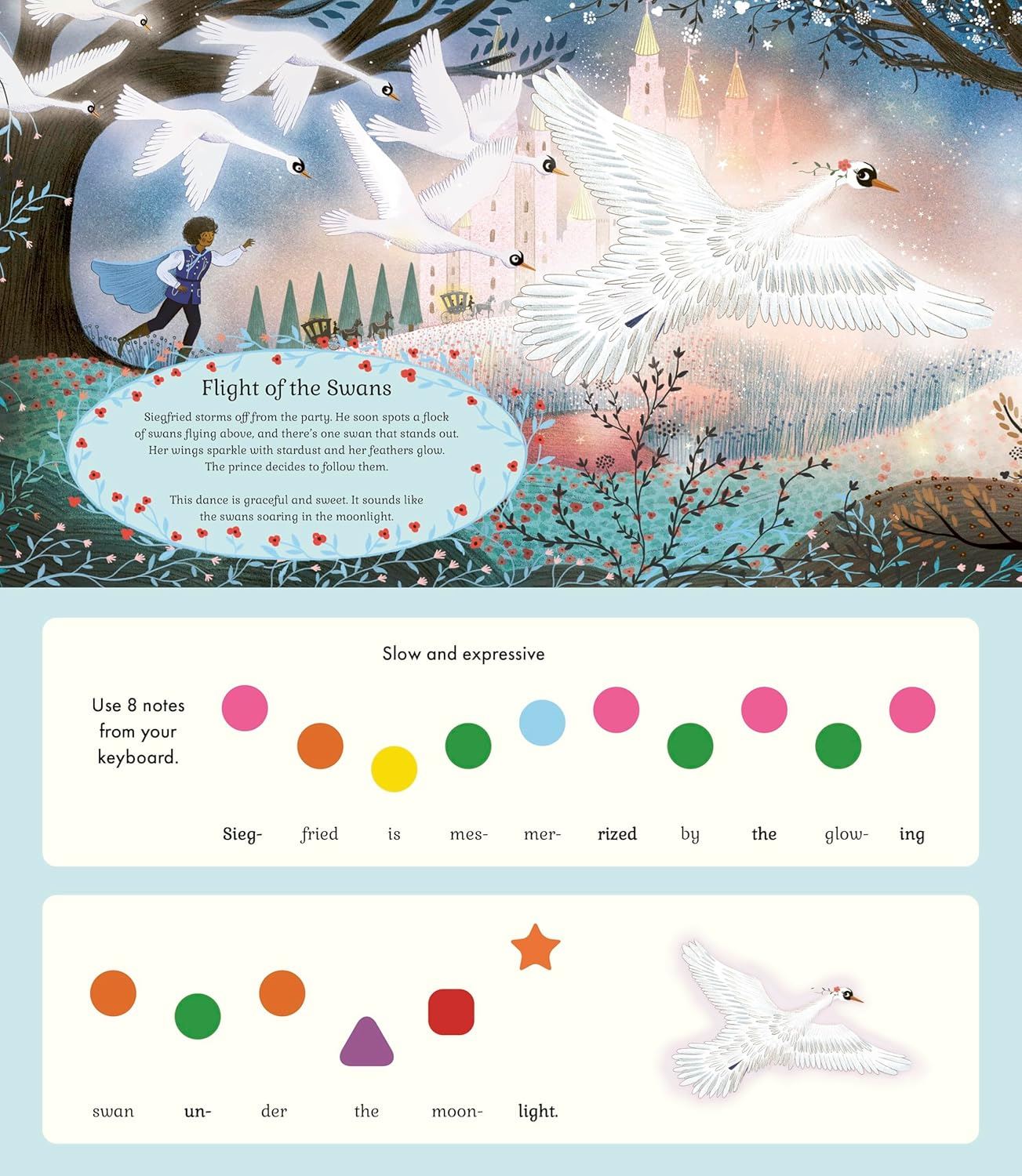 Illustrated page from a children's book with swans and a boy, featuring music notation and color chart.