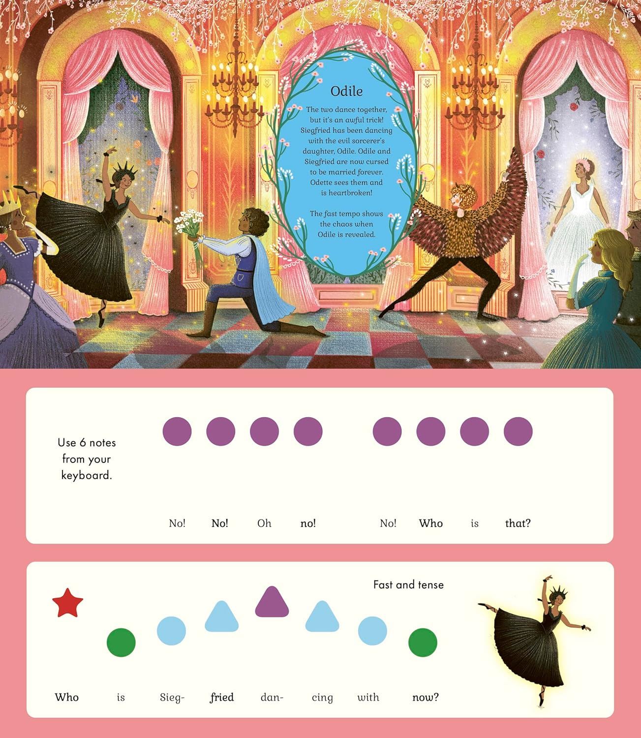 Illustrated scene from a ballet with characters and text on a colorful background