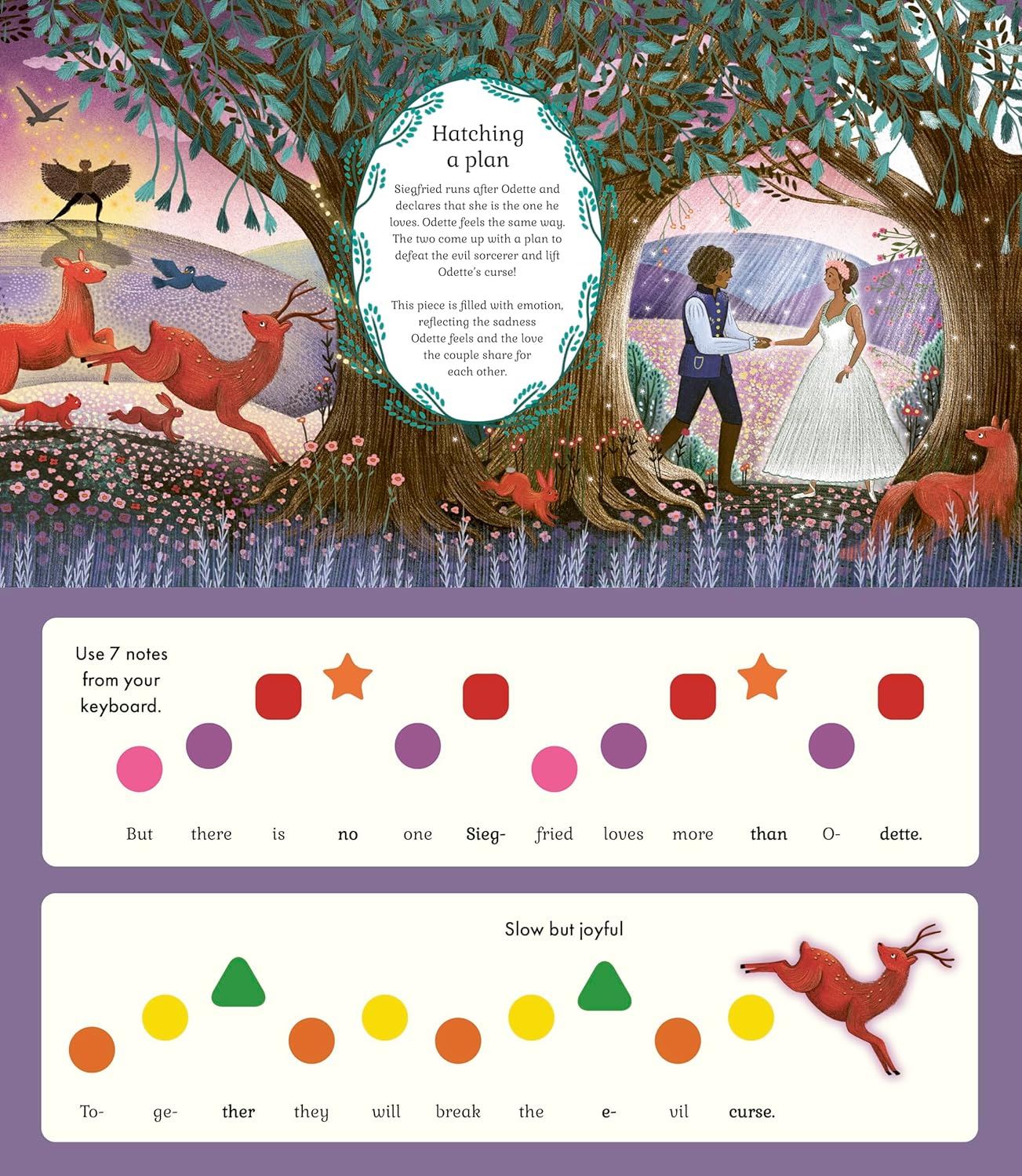 Illustrated book page with a couple under a tree, colorful text elements, and musical notes.