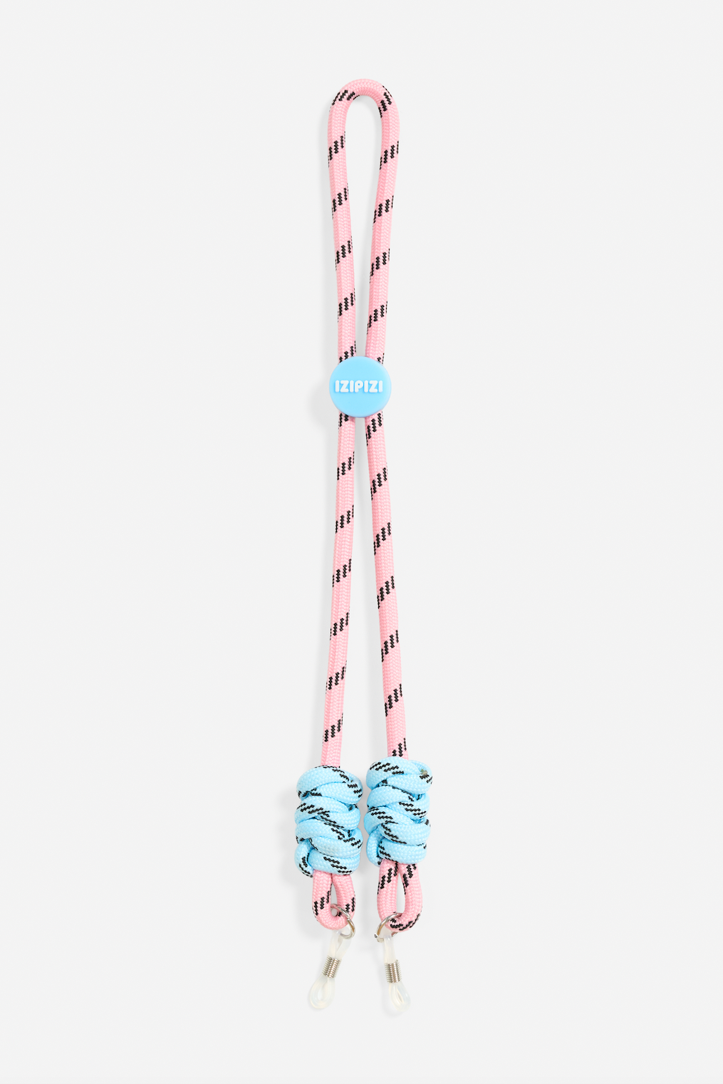 Pink and blue kids glasses cord with a knot on a white background