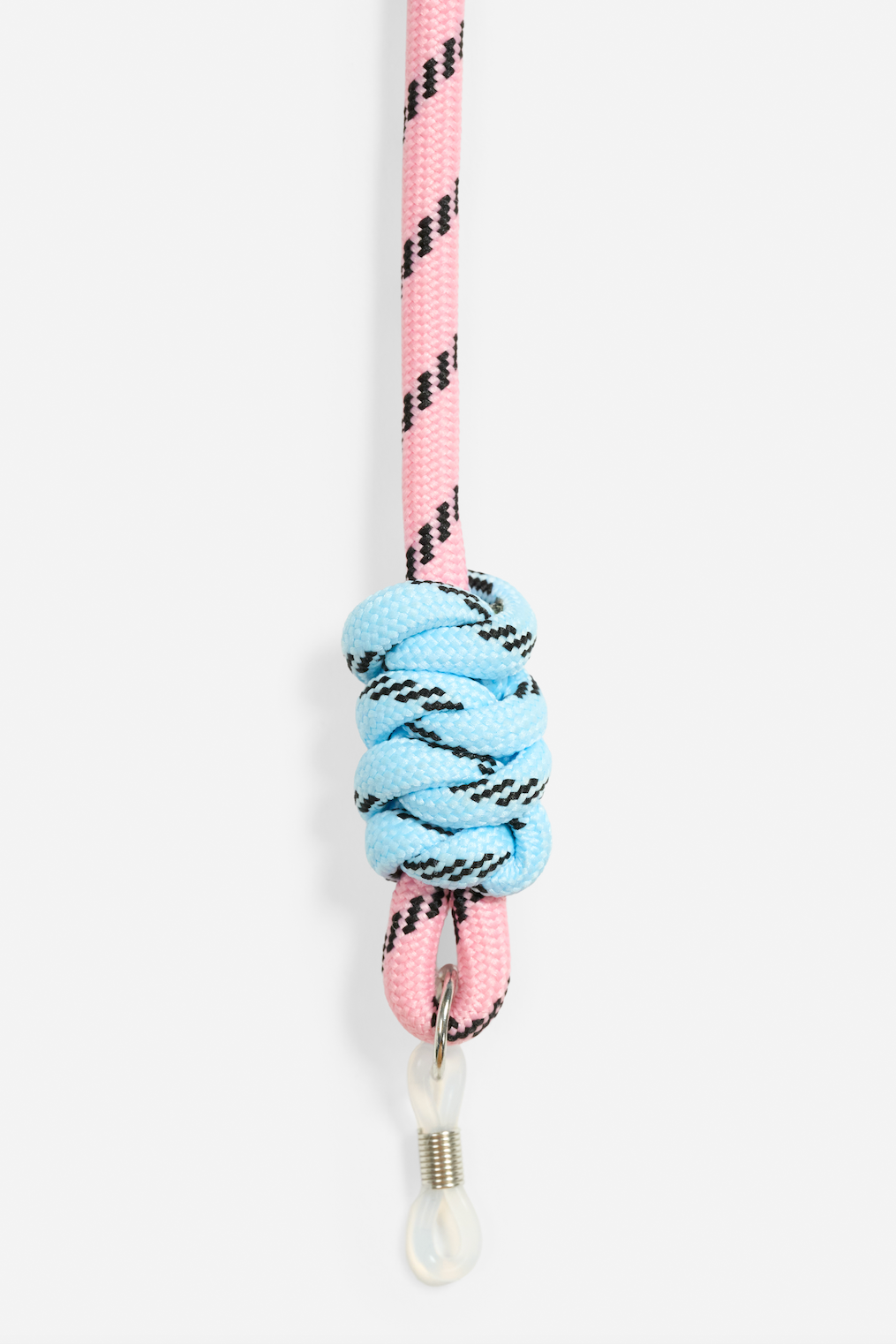 Kids glasses cord with pink and blue rope and clasp on a white background