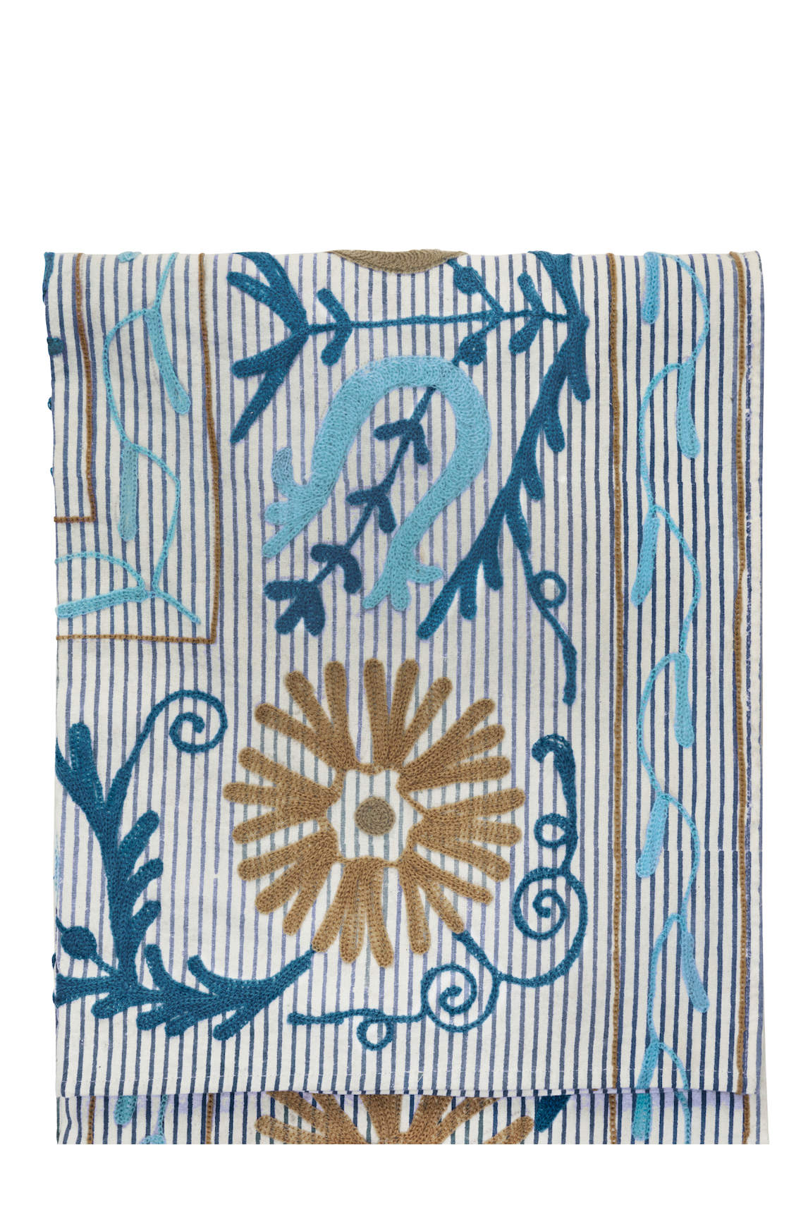 Folded throw with blue striped pattern and decorative floral and vine embroidery in blue and tan.
