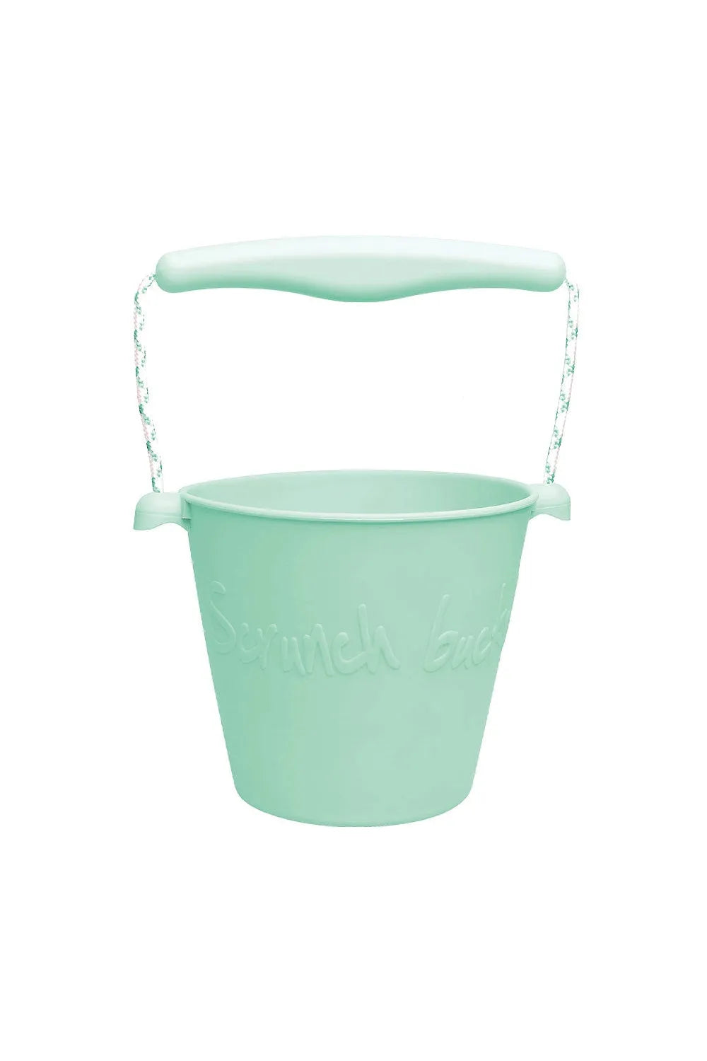 Mint green sand pail with handle on a white background