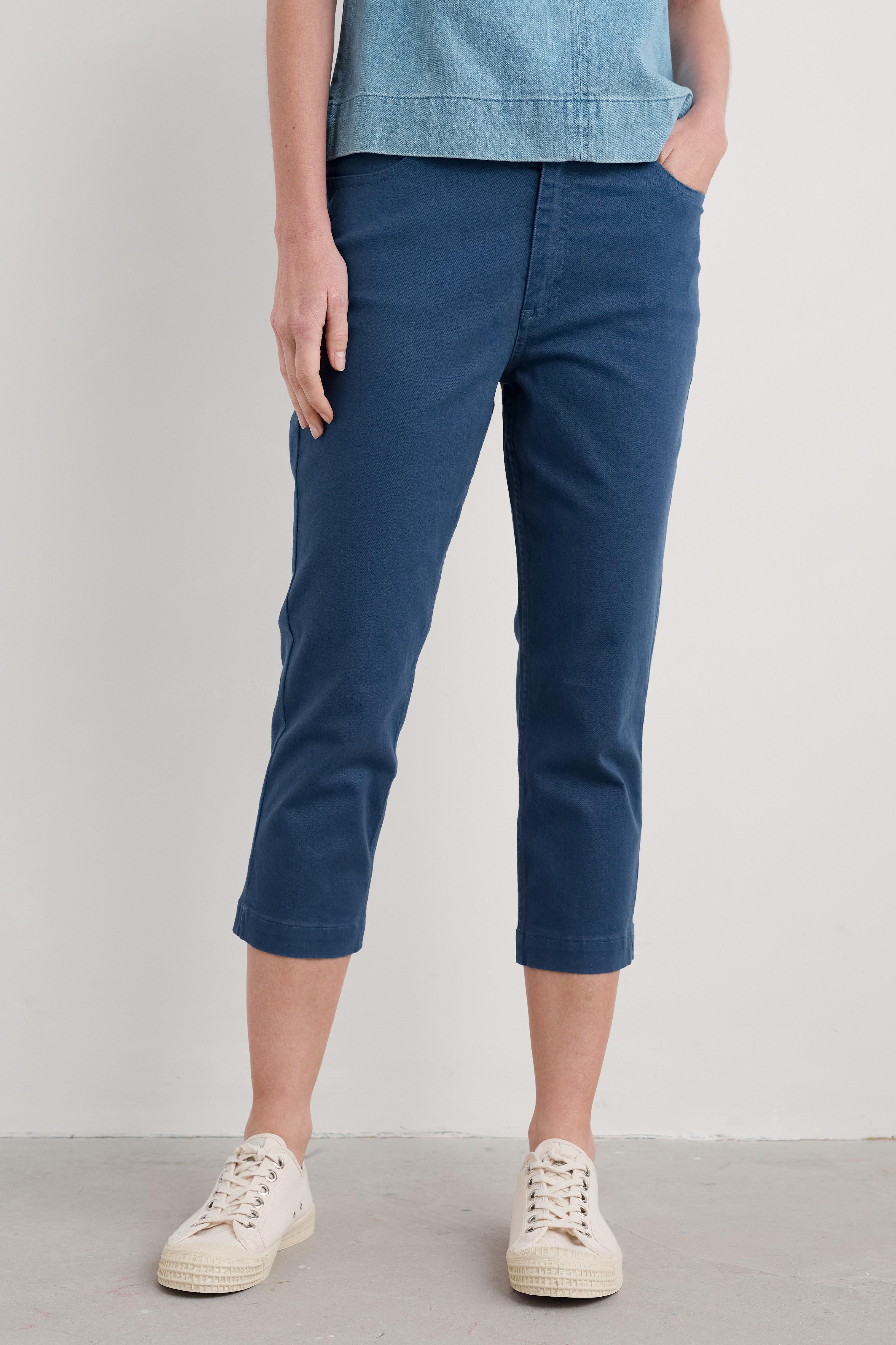 Close up of Seasalt albert quay crop trousers showing a zip fly.