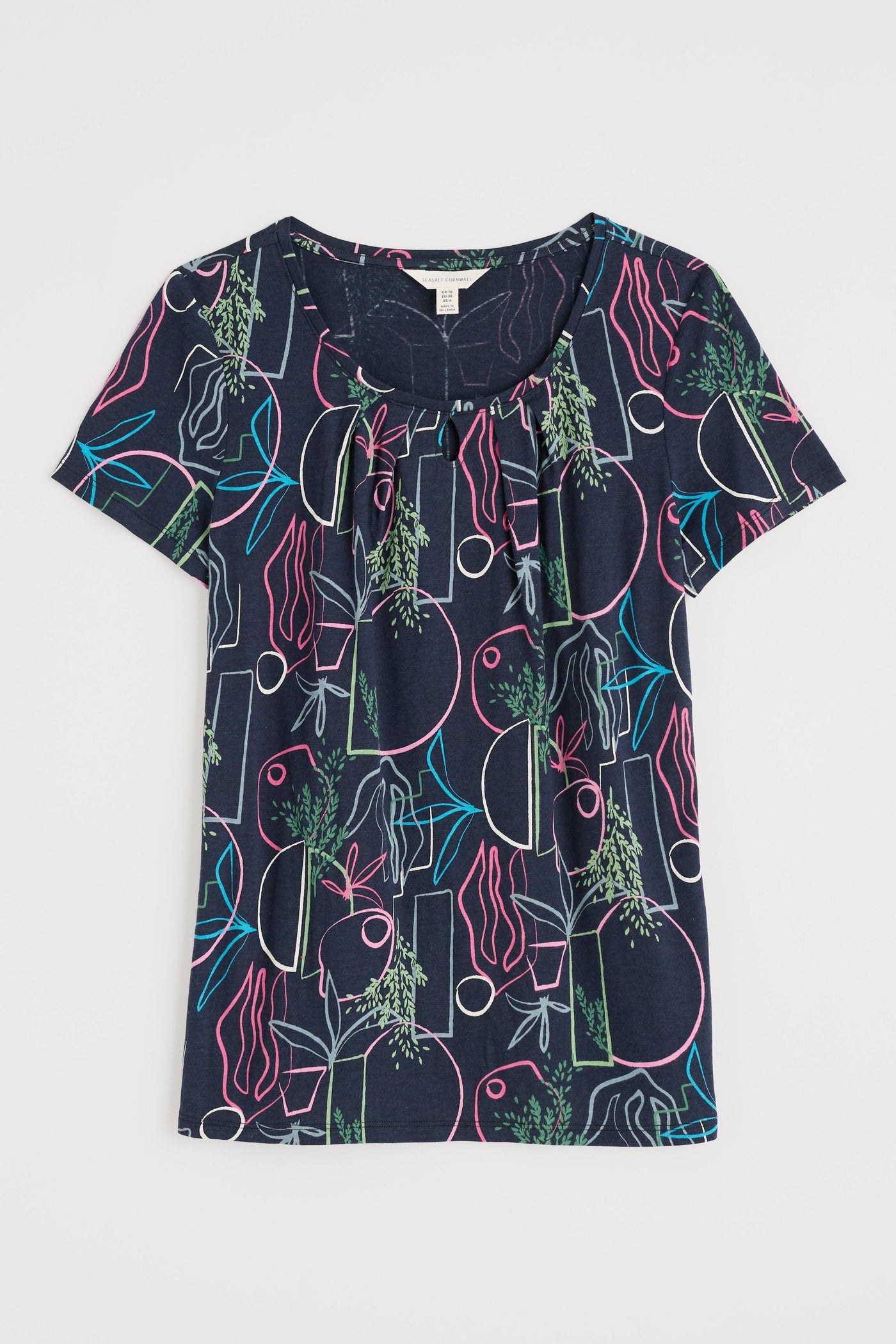 Flat lay of the Seasalt Appletree T-shirt, showing scoop neck and full floral print pattern.