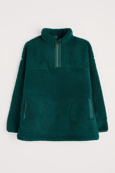 Green fleece pullover with a high collar on a white background