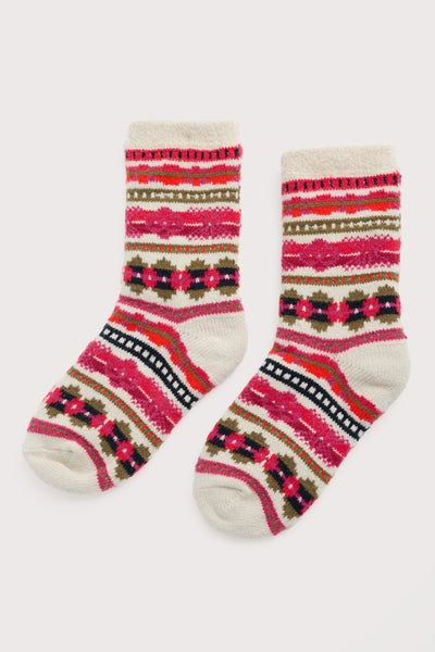 Pair of patterned socks with pink and red stripes on a white background