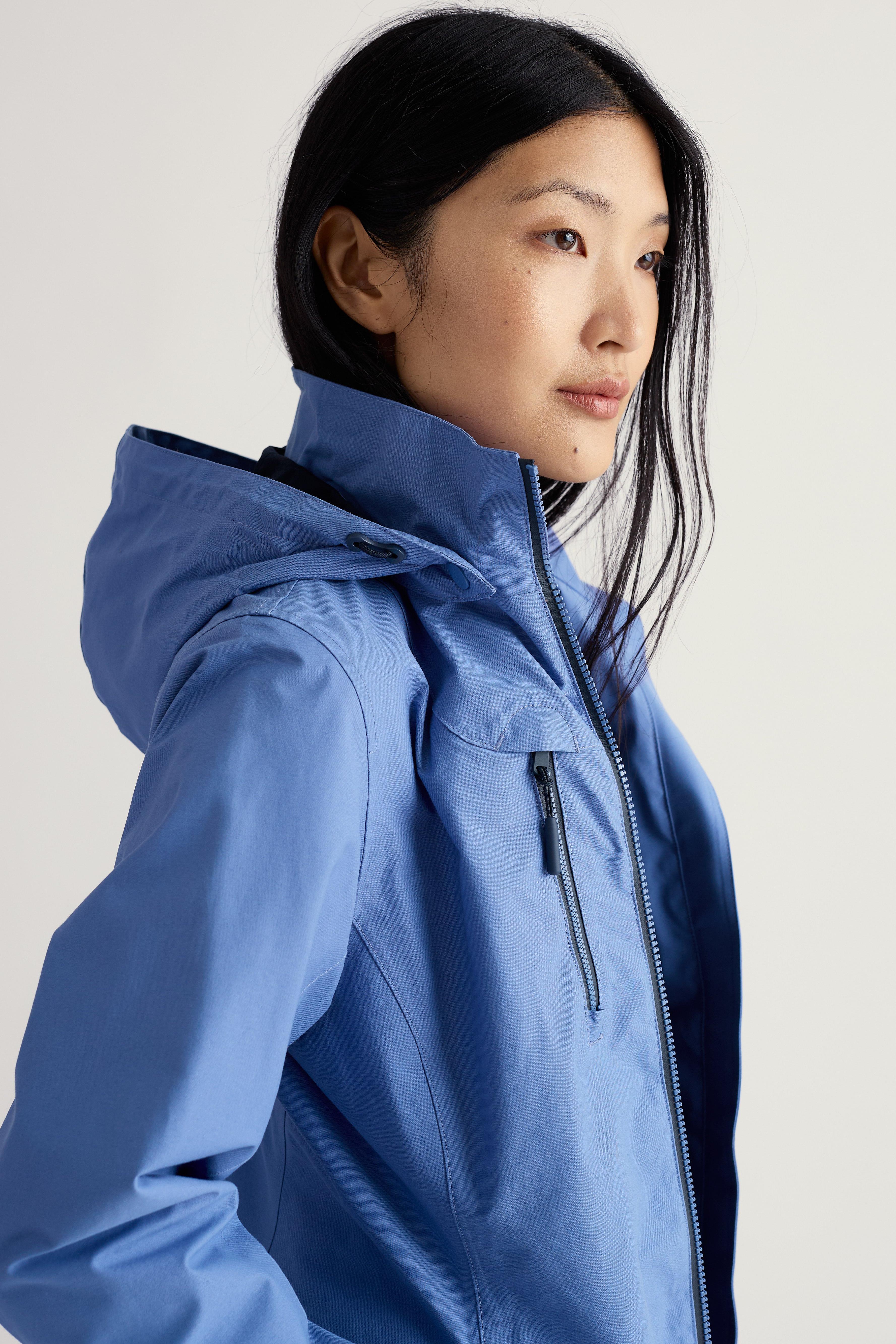 Person wearing a blue jacket on a plain background