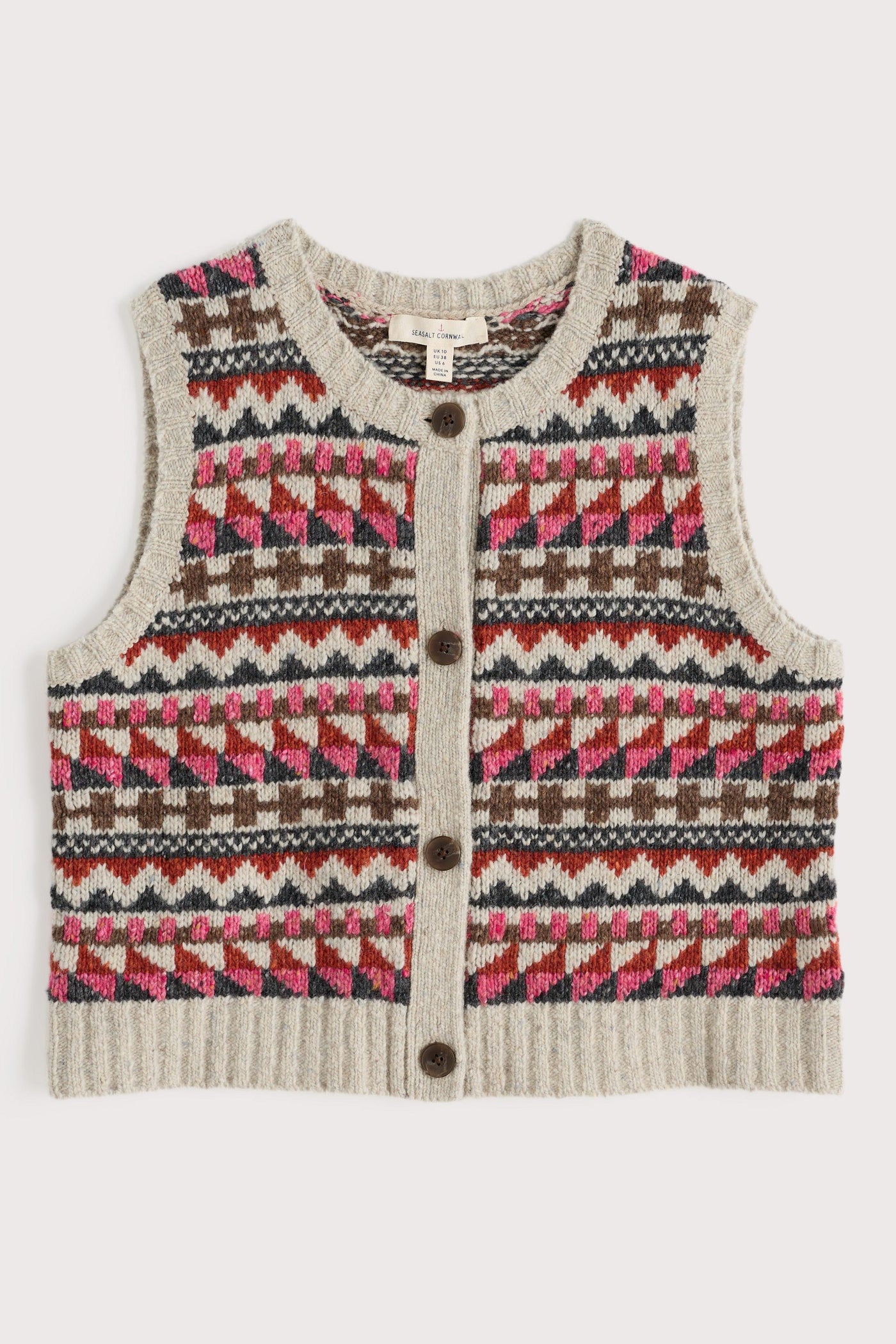 Seasalt Dawson Pick Vest Fairisle Zig Zag Geo Aran Red Sail
