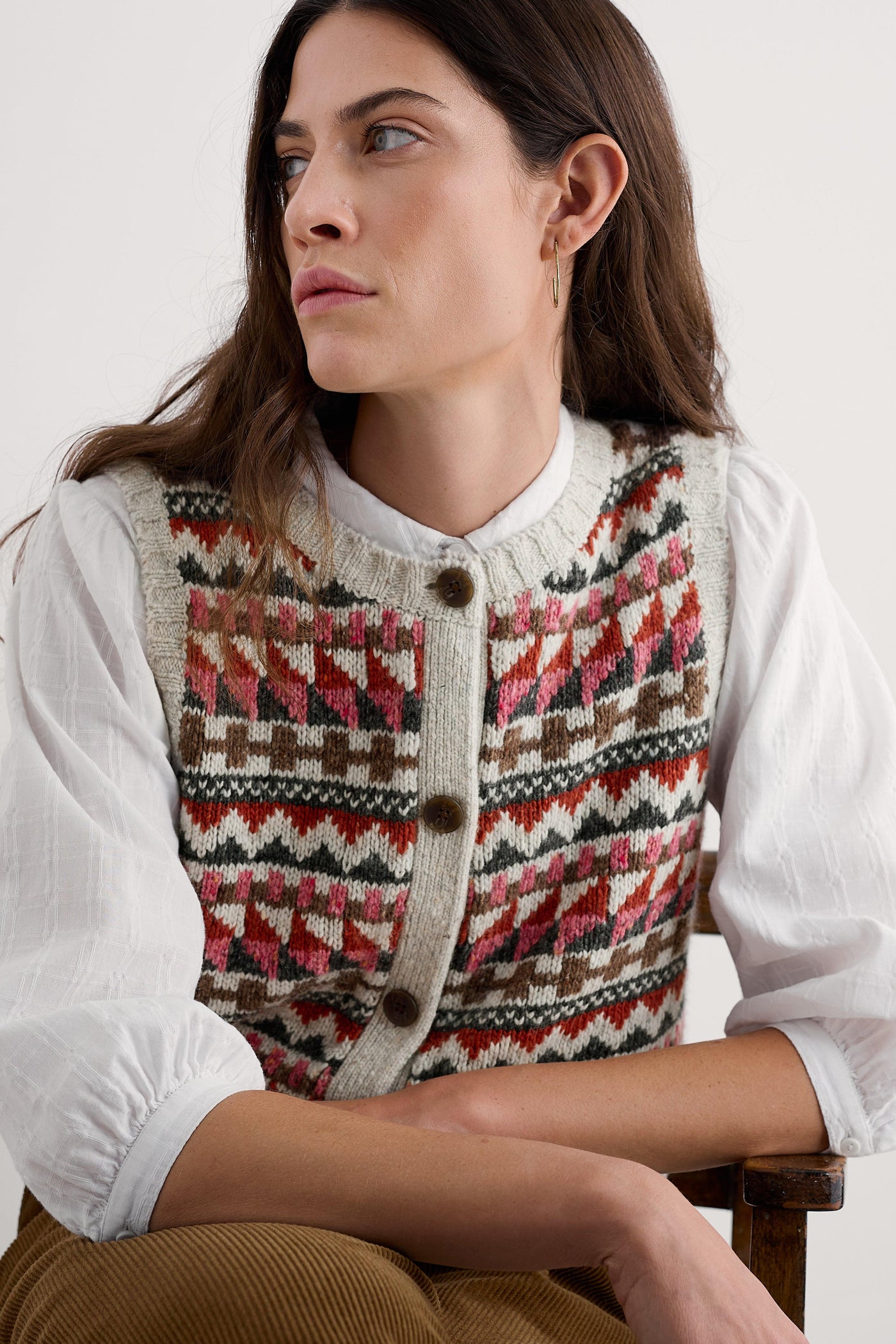 Seasalt Dawson Pick Vest Fairisle Zig Zag Geo Aran Red Sail