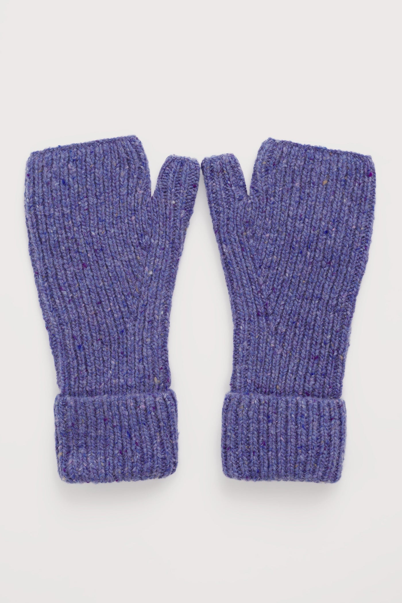 Pair of purple knit fingerless gloves on a white background