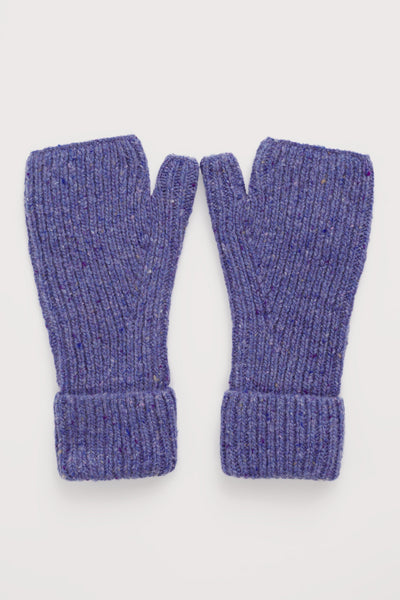 Pair of purple knit fingerless gloves on a white background
