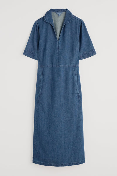 Denim dress with V-neck, a nautical-style collar, short sleeves, and a fitted waist leading to a full, midi-length skirt.