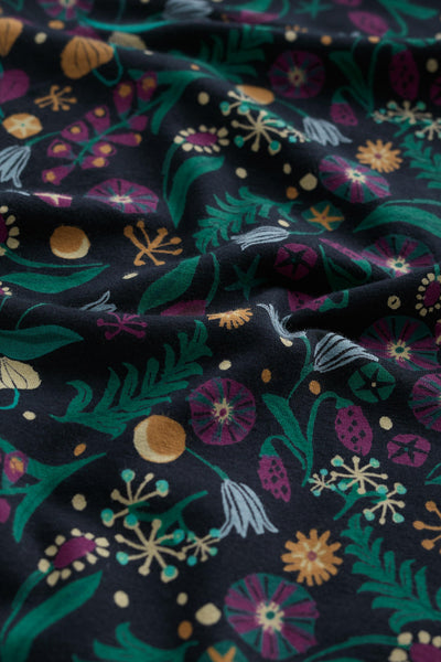 Close-up of dark fabric with colorful floral pattern
