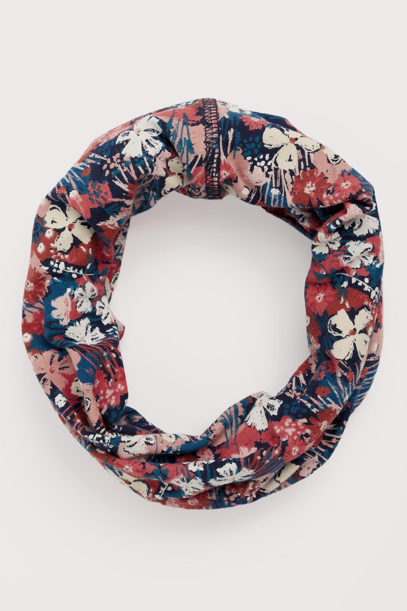 Floral patterned tube scarf on a white background