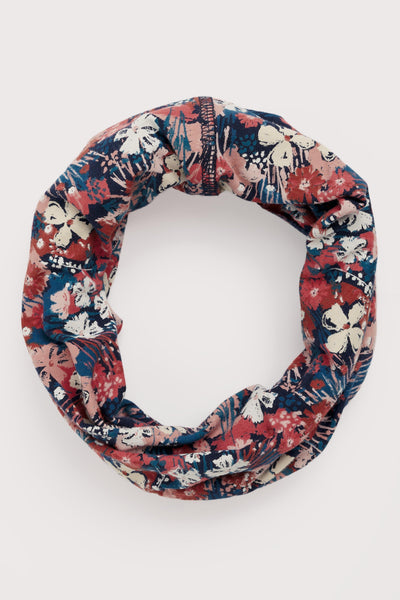 Floral patterned tube scarf on a white background