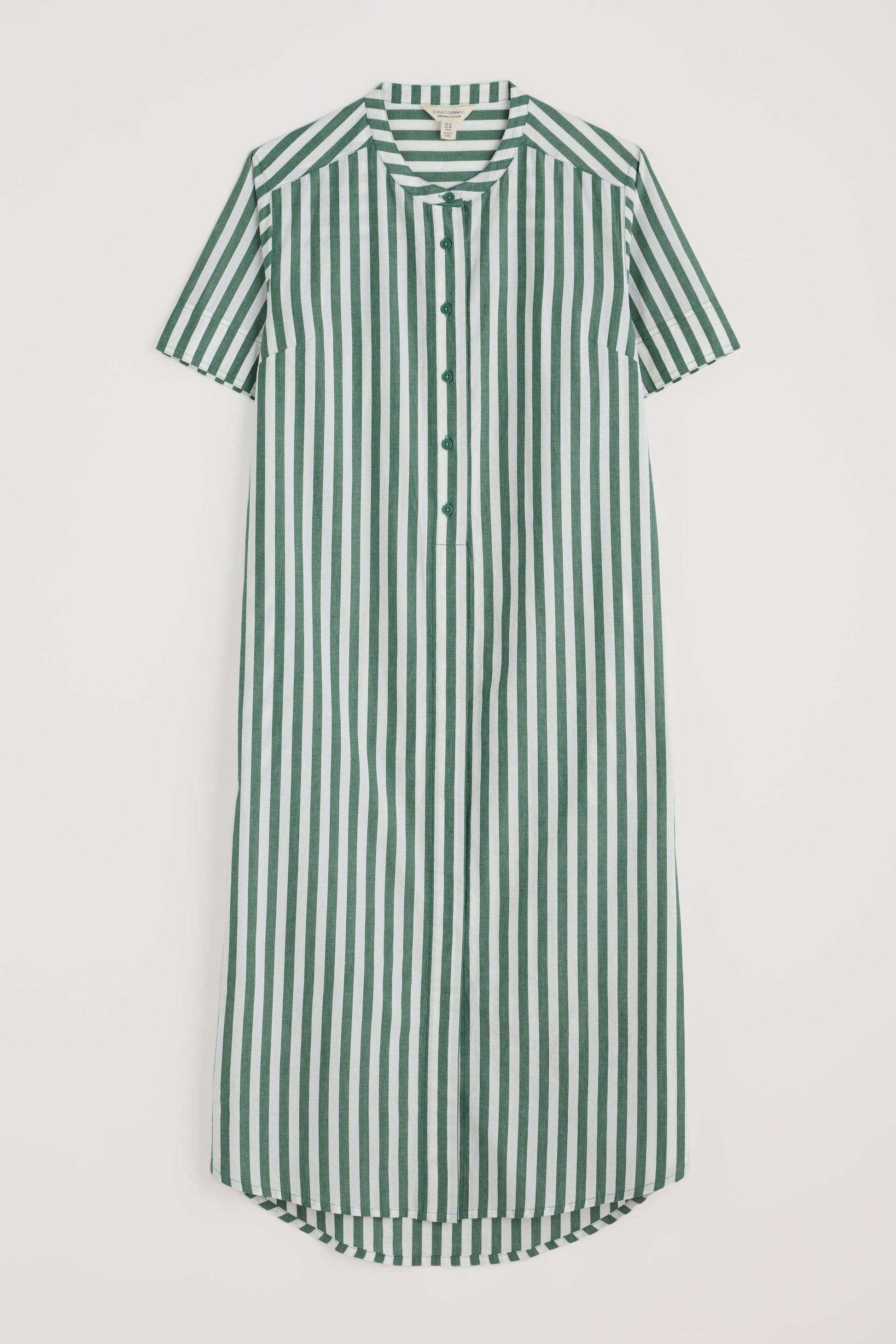 Flat lay of the Seasalt Harbour Movement Dress, showing vertical stripe pattern and midi length.