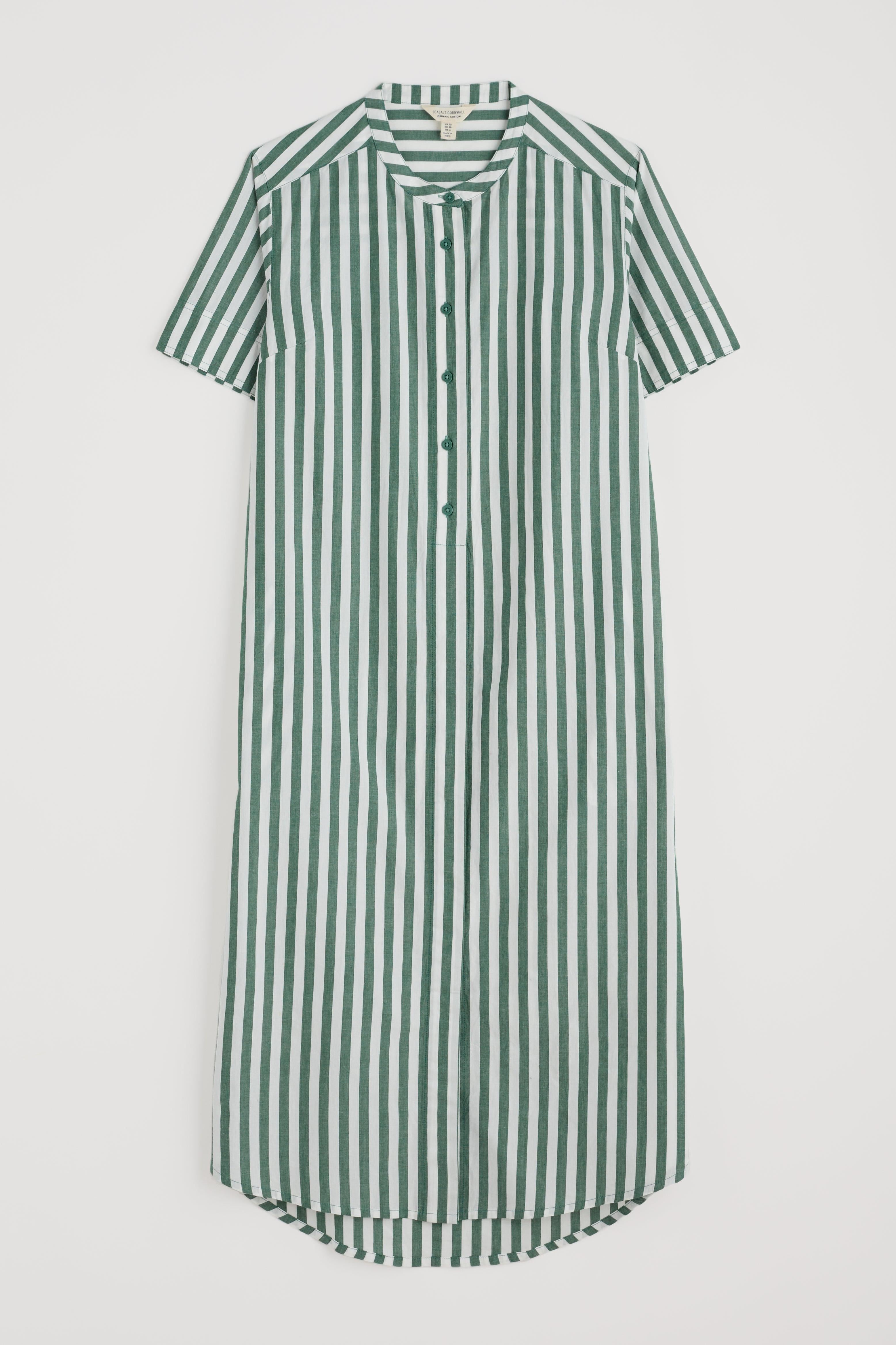 Flat lay of the Seasalt Harbour Movement Dress, showing vertical stripe pattern and midi length.