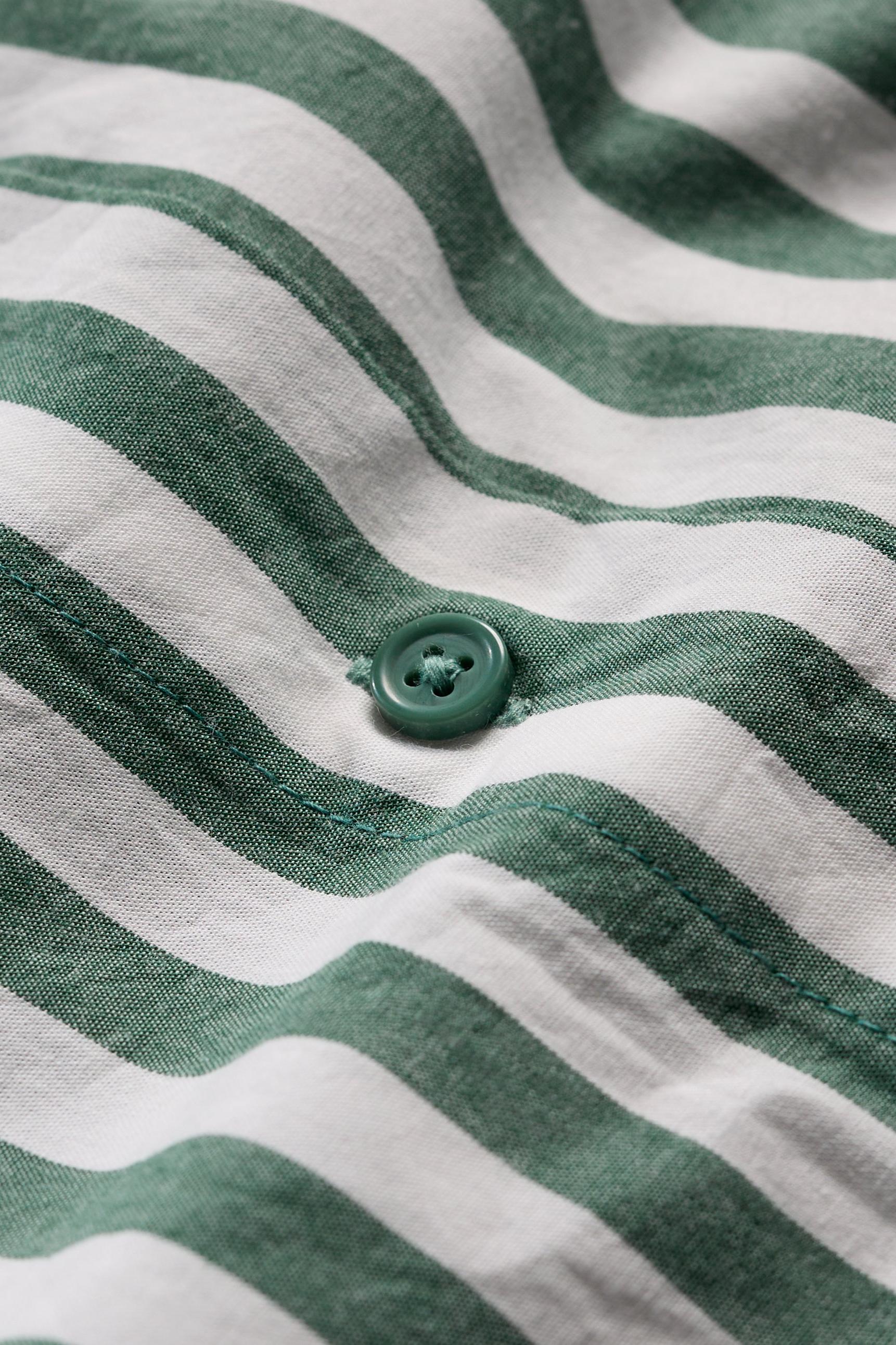 Close-up of organic cotton fabric from the Harbour Movement Dress, featuring green and white yarn-dyed stripes.