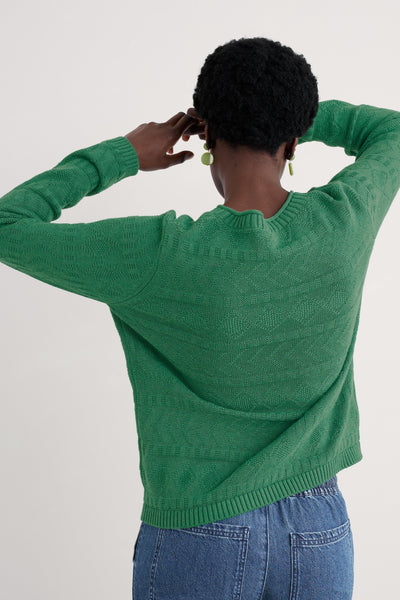 Rear view displaying the continuation of the tactile stitch patterns and the straight hemline of the jumper.