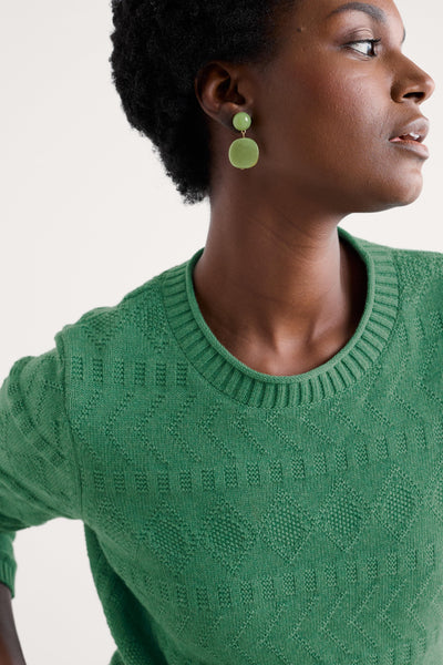 Close up of crew neck and intricate stitching on organic cotton knit.