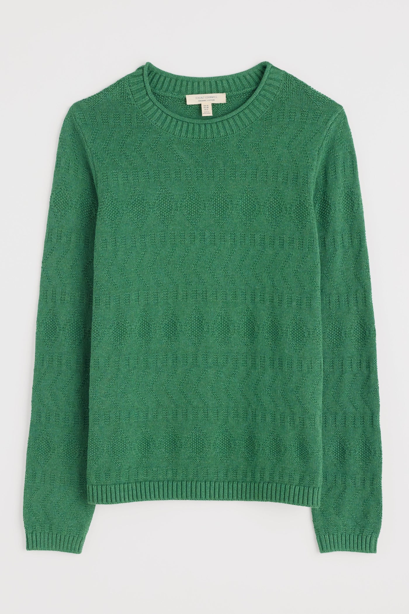 Green organic cotton jumper on white background.