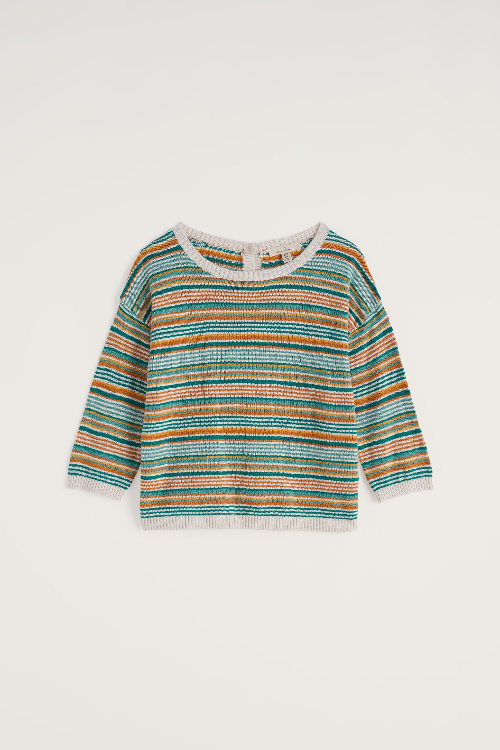 Striped Seasalt sweater with green, orange, and white colors on a light gray background