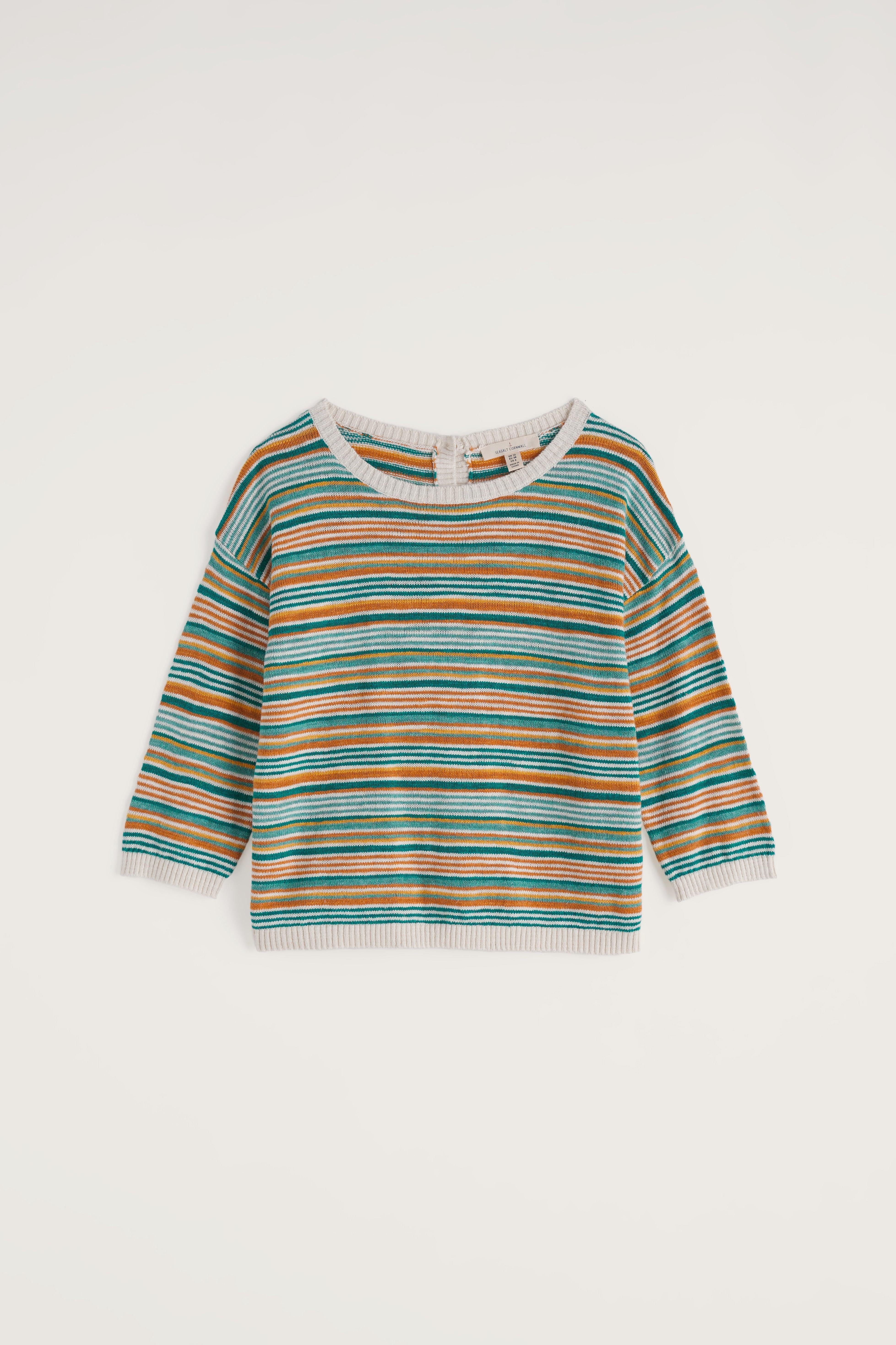 Striped Seasalt sweater with green, orange, and white colors on a light gray background