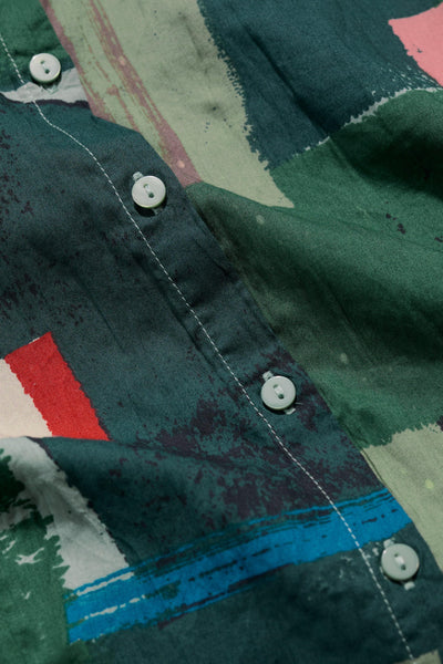 Close-up of a camouflage-patterned shirt with buttons