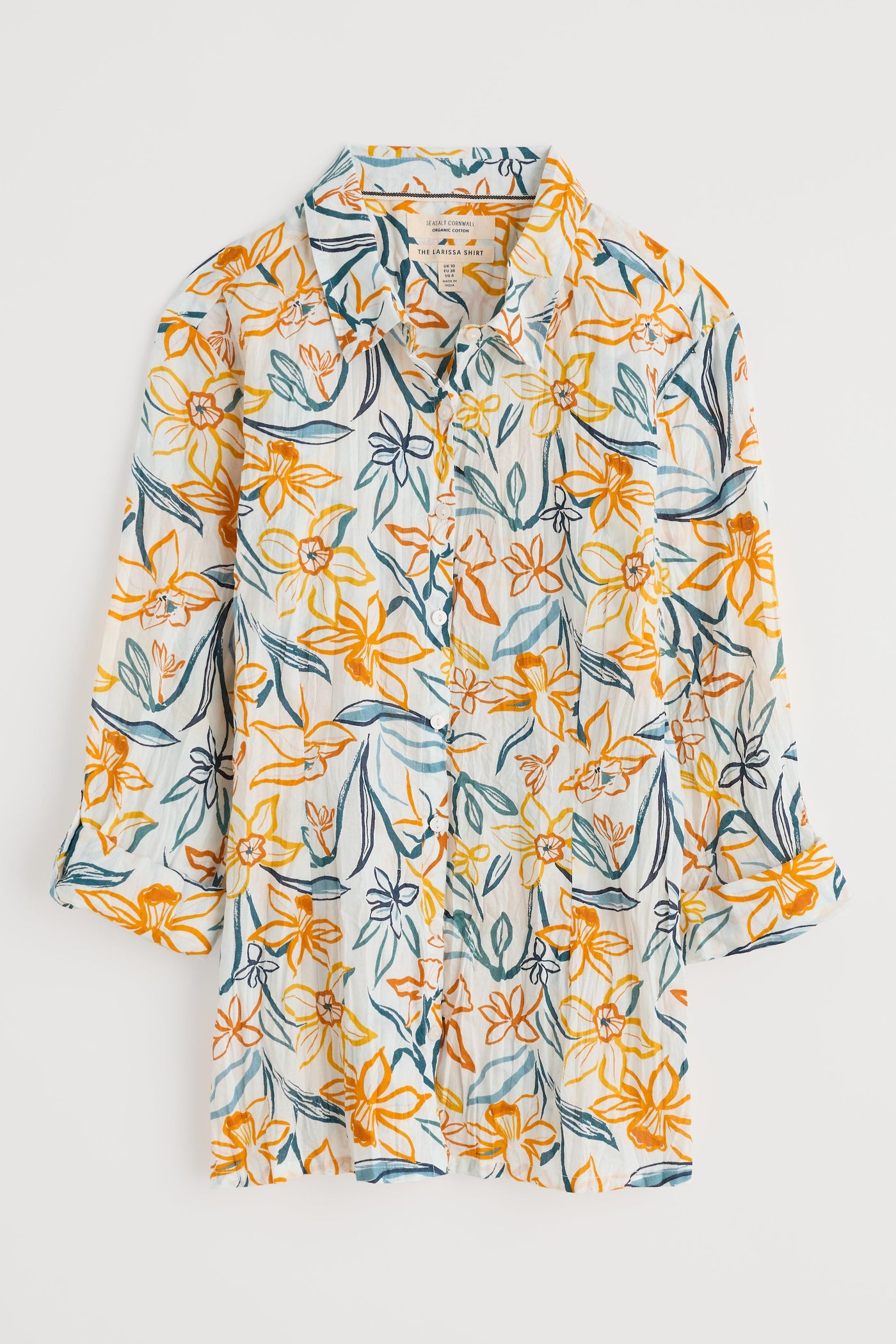 Seasalt larissa shirt on white background showing daffodil print.