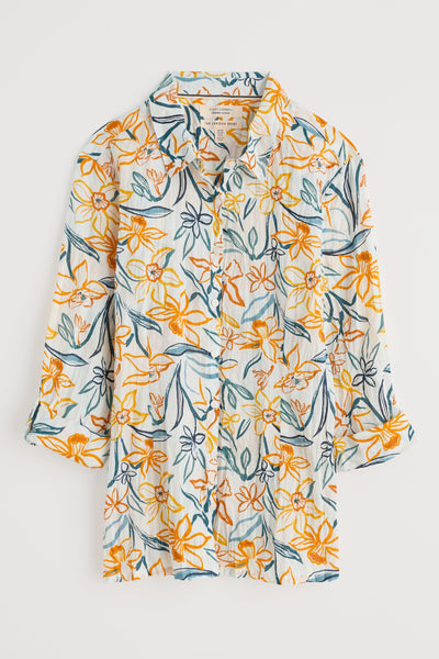 Seasalt larissa shirt on white background showing daffodil print.
