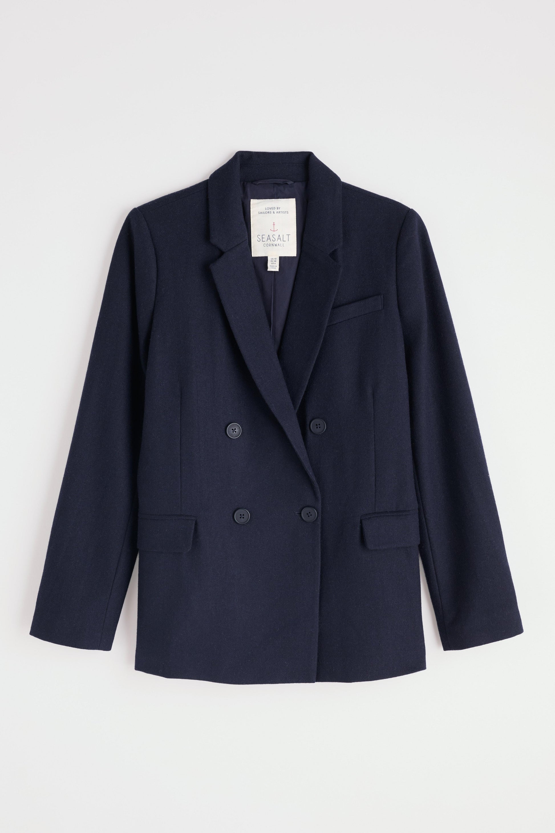 Navy blue wool blazer on a white background
