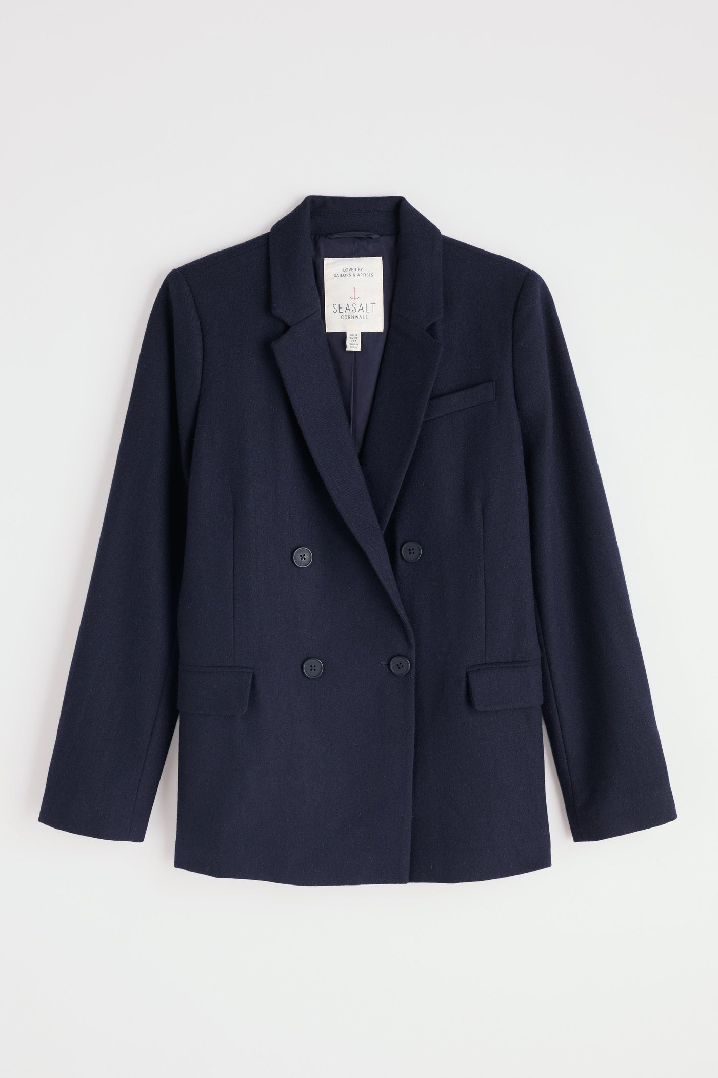 Navy blue wool blazer on a white background