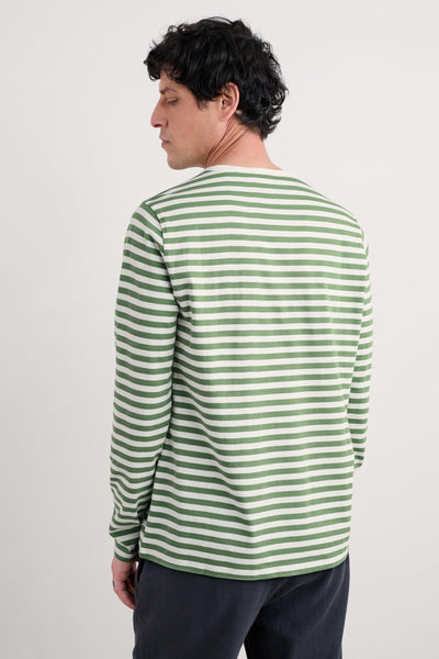 Rear view highlighting the consistent stripe pattern and relaxed fit of the shirt.