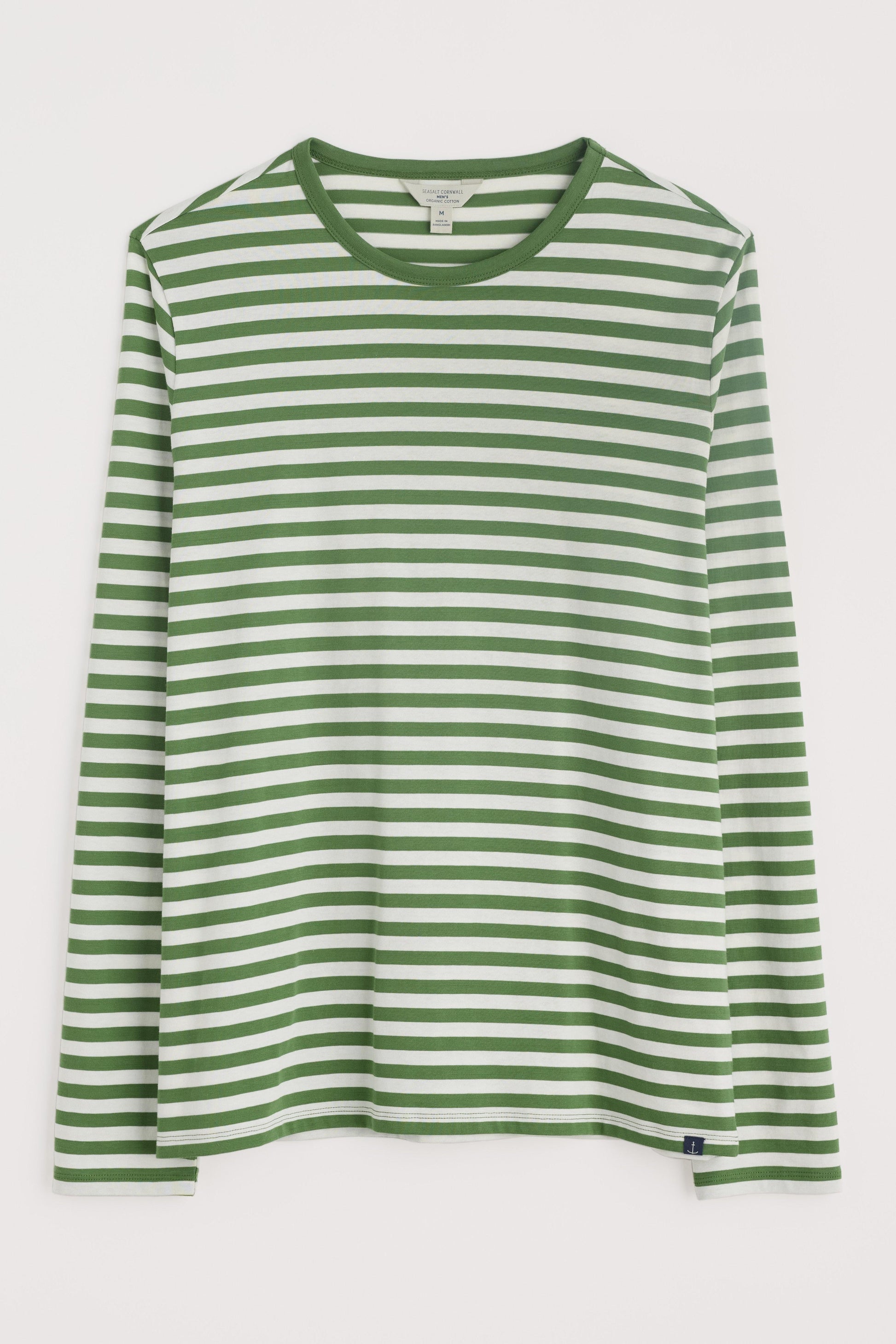 Flat lay image of the shirt, emphasising the classic Breton stripe pattern and crew neckline.