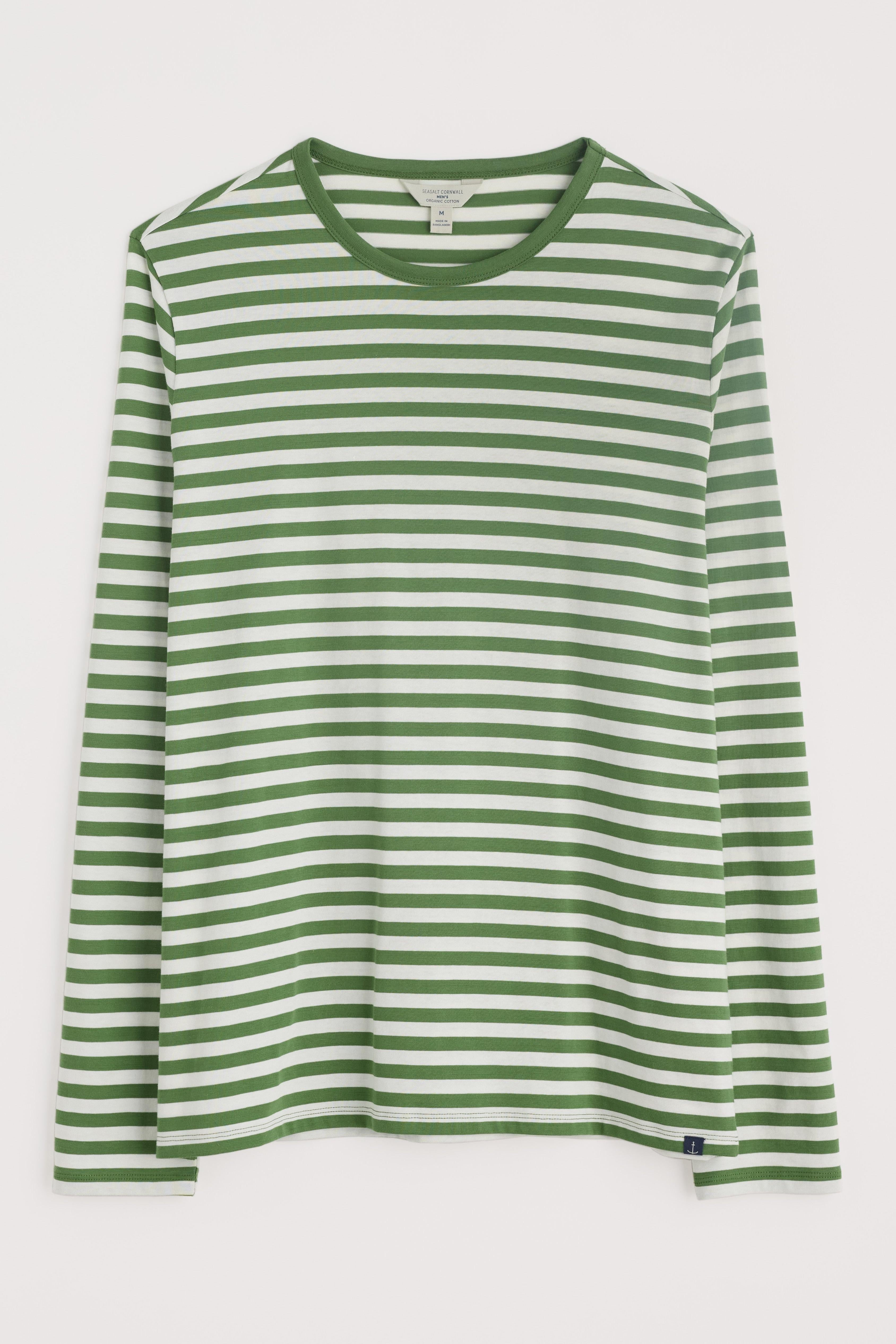 Flat lay image of the shirt, emphasising the classic Breton stripe pattern and crew neckline.