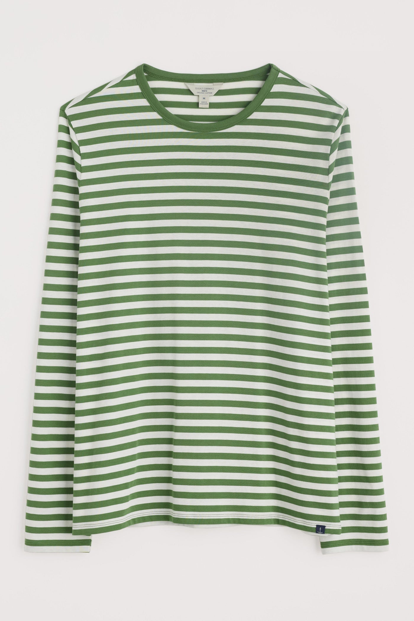 Flat lay image of the shirt, emphasising the classic Breton stripe pattern and crew neckline.
