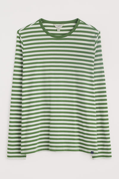 Flat lay image of the shirt, emphasising the classic Breton stripe pattern and crew neckline.